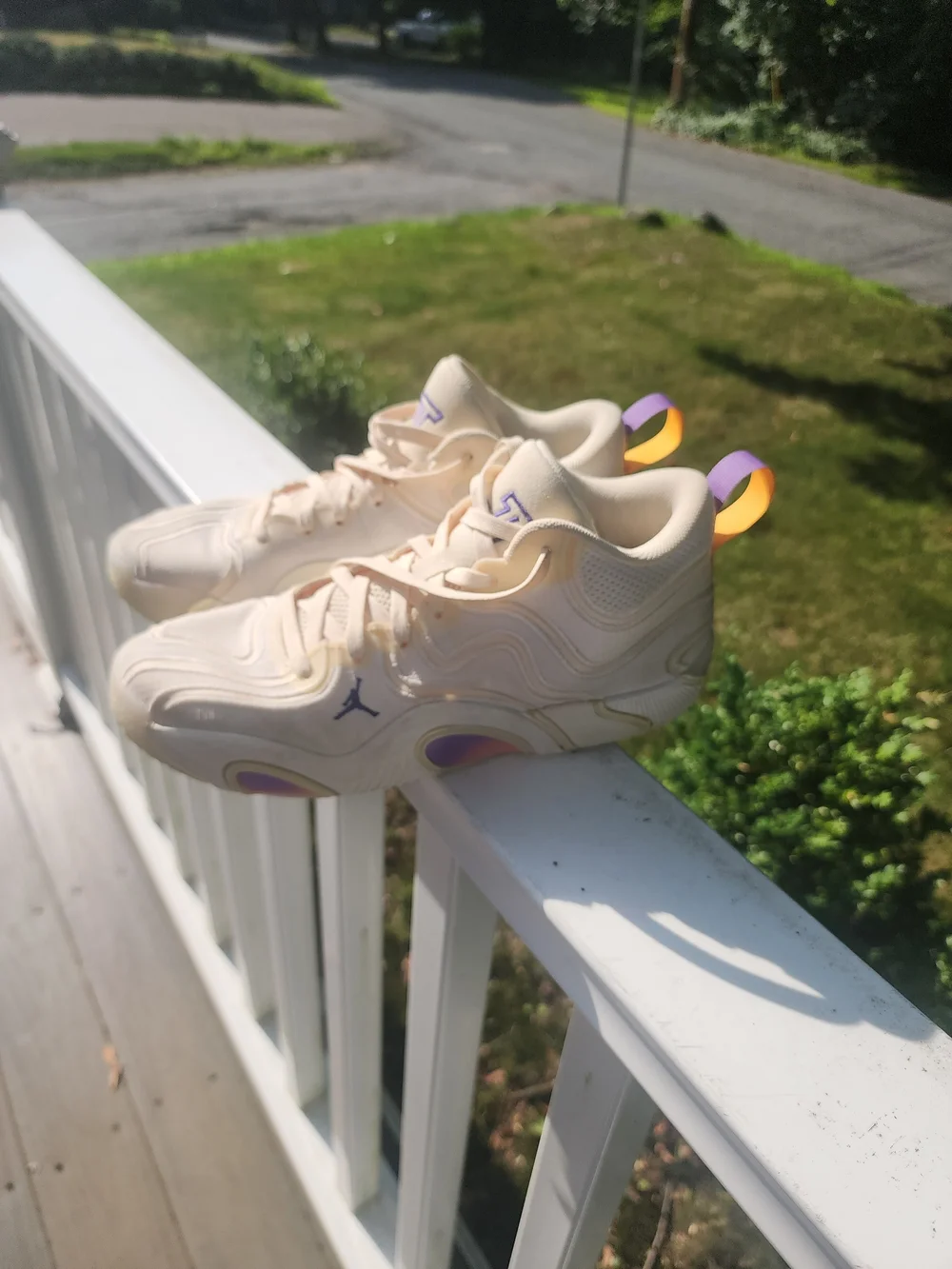 Size 7.5 Men's Jordan Tatum 3 Cream Athletic Sneakers with Purple Accents